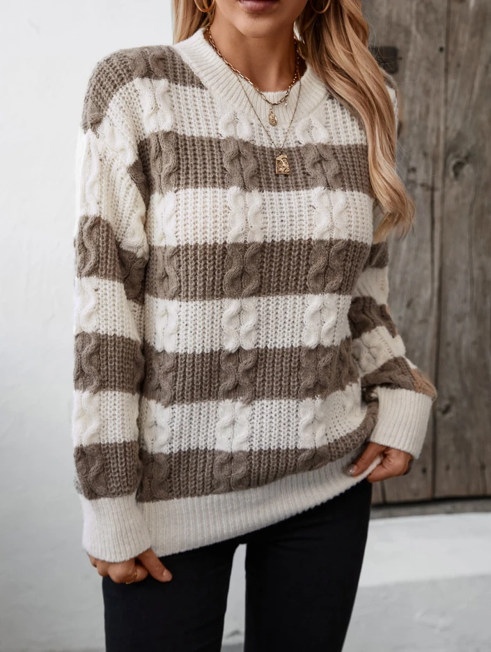 

Autumn and Winter Women's Vintage Loose Round Neck Fried Dough Twists Long Sleeve Casual Knitted Sweater Hot New Pullover