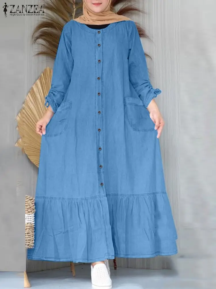 Lente Maxi Jurk Zanzea Moslim Hijab Zomerjurk Vrouwen Vintage Lange Mouw Denim Blauwe Vestidos Aabya Isiamic Gewaad Casual Kaftan