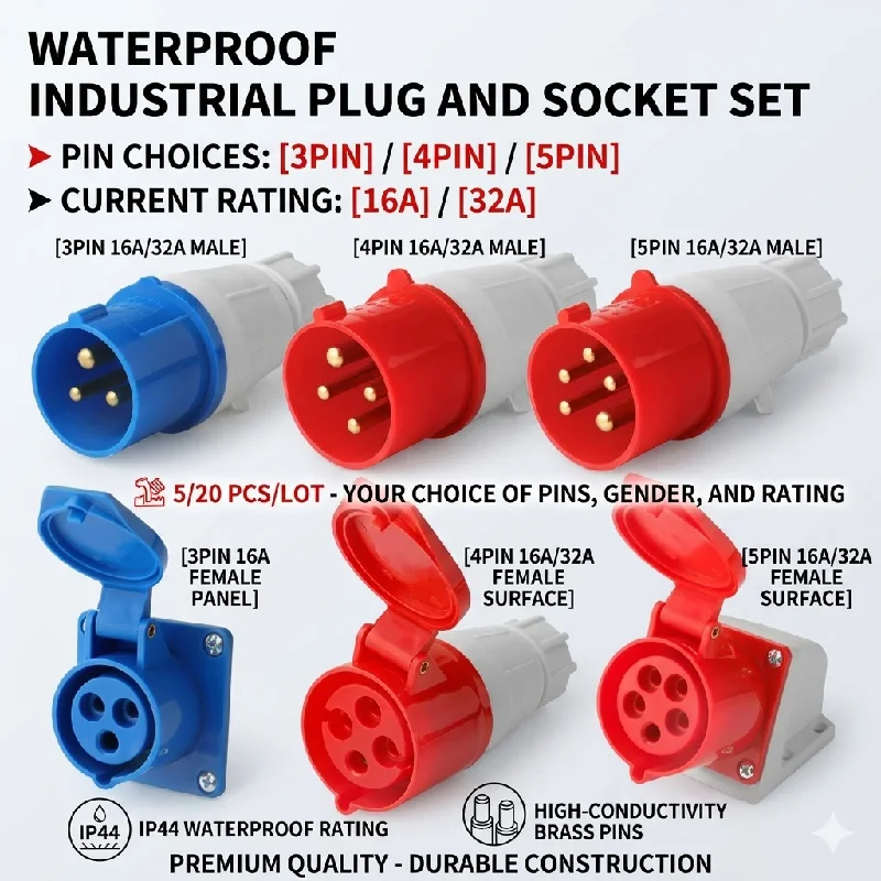 IP44 Industrial Waterproof Plug and Socket 16A 32A 3 4 5 Pin 220V 380V 415V Male Female Wall Mounted Panel Mount CEE Connector
