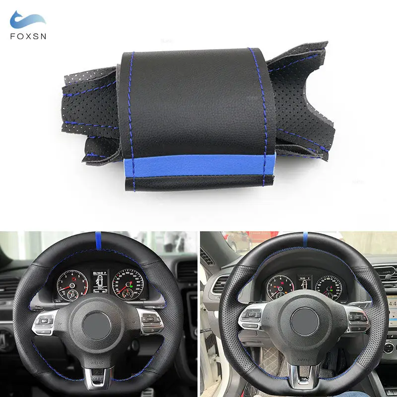 

Car Handed-stitched Steering Wheel Leather Cover For VW Golf 6 GTI MK6 Polo GTI Scirocco R Passat CC Tiguan (R-Line) Blue Strip