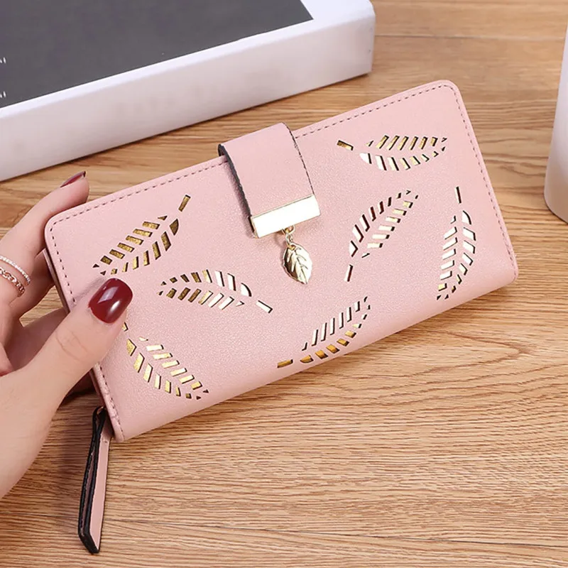 Yogodlns Leaf Hollow Wallet Female PU Leather Handbag Long Zipper Clutch Card Holder Coin Purse Multi-layer Phone Bag