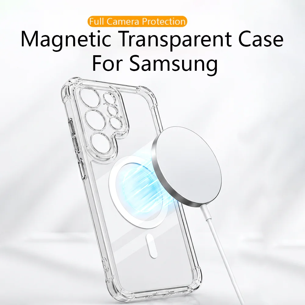 Магнитный прозрачный чехол для Samsung Galaxy S26 S25 S24 S23 S22 Ultra Plus + FE Note 20 с защитой объектива, прозрачный ударопрочный чехол.