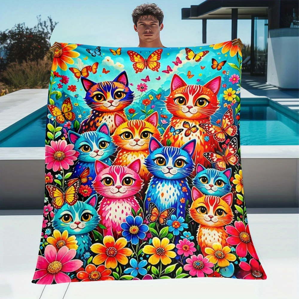 

Colorful cats butterflies flowers garden design blanket flannel throw blanket vibrant art gift for cat lovers home decor