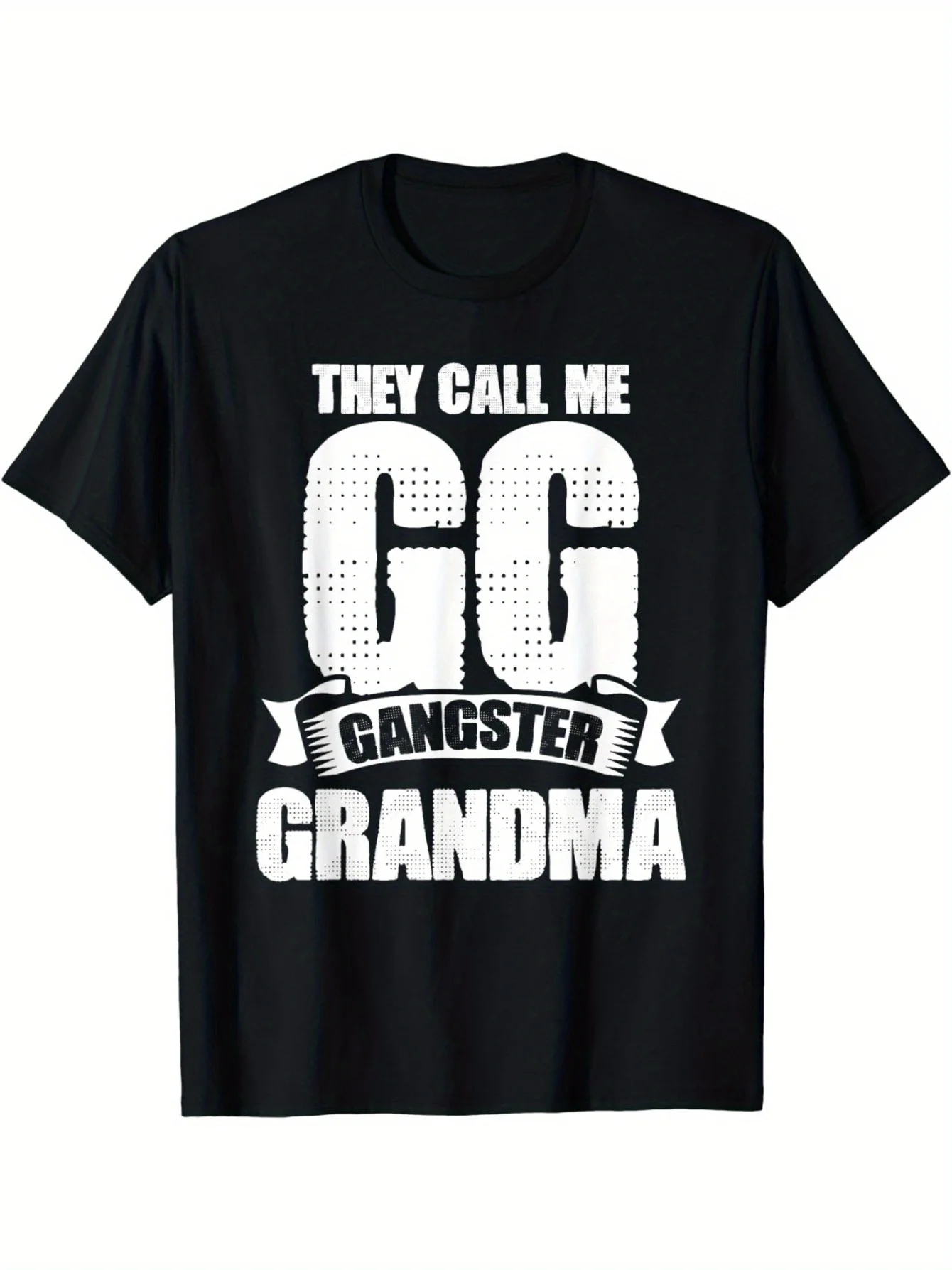 

1pc Black Cotton "They Call Me GG Gangster Grandma" Graphic T-Shirt with Combed Design, Short Sleeve, Round Neck