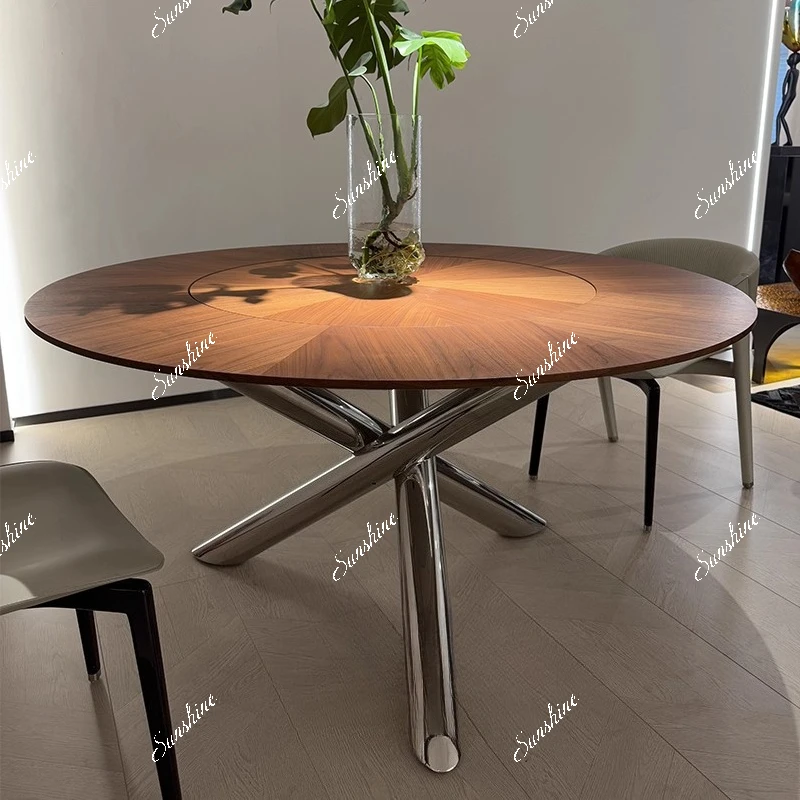

Modern minimalist round stainless steel solid wood dining table
