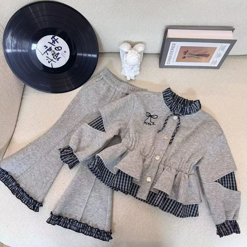Girls' Spring Autumn Set New Style Children's Baby Stylish Doll Collar Cardigan Casual Pants Two Piece Set Trendy