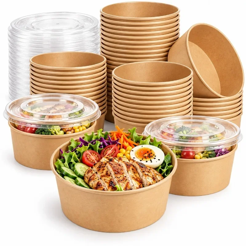 10/50PCS Disposable Kraft Paper Round Food Bowls with Lids Takeaway Lunch Salad Soup Containers Meal Prep Packaging Boxes