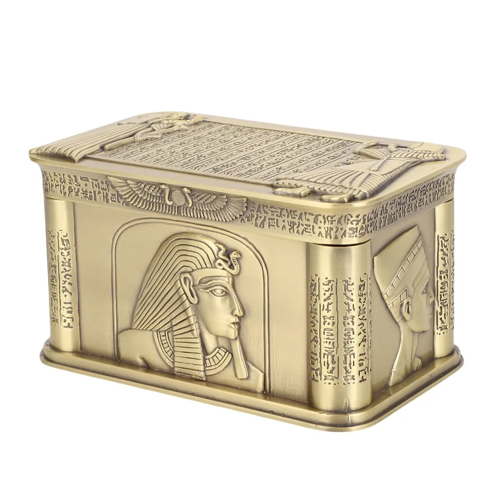 Zinc Alloy Egyptian Jewelry Box Hinged Lid Antique Bronze Pharaoh Decorative Box Sphinx Relief Rectangular Jewelry Storage Box