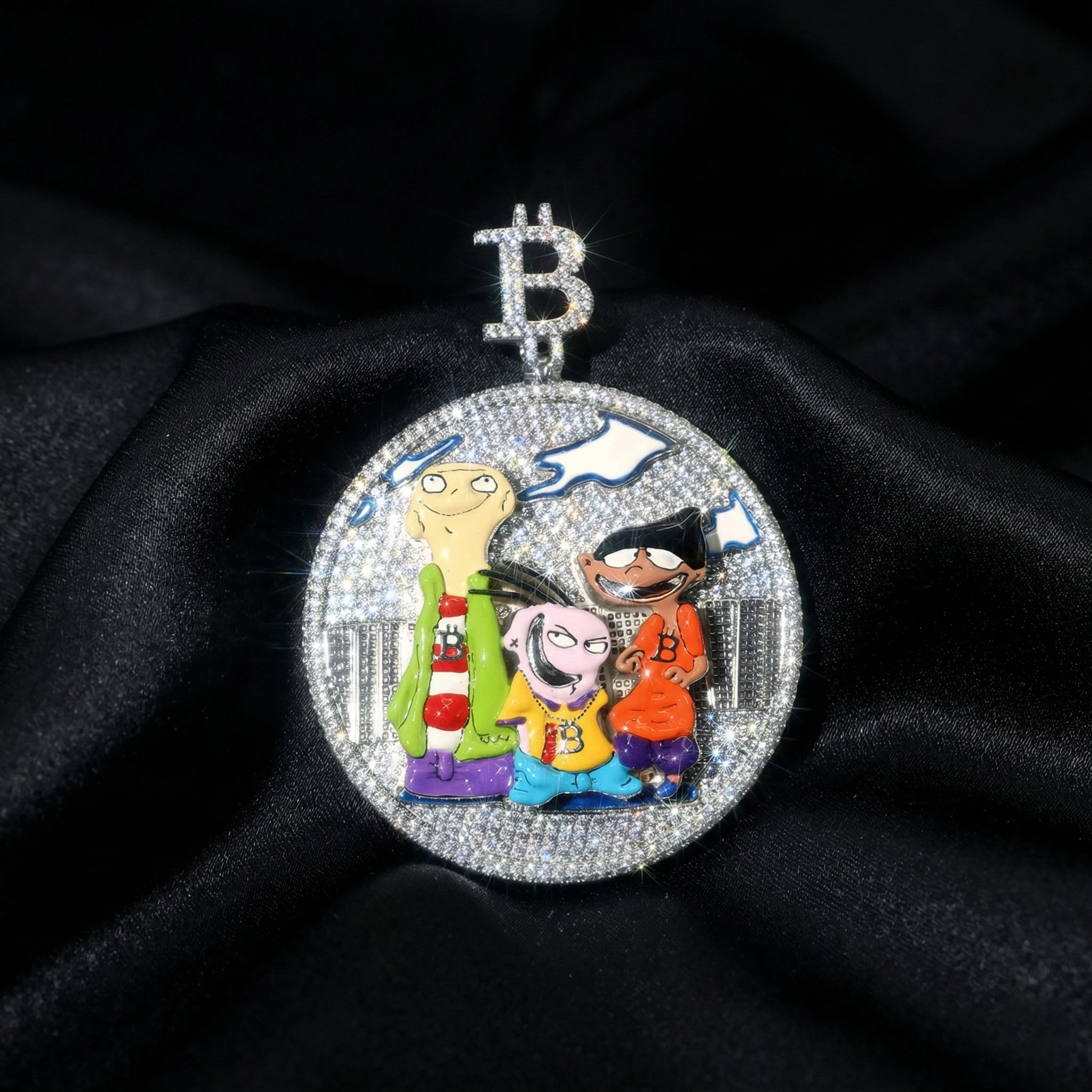 Hip Hop Pendant Necklace, Cuban Chain, Iced Out Cartoon Coin Pendant, Bitcoin Theme, Hip Hop Jewelry, With Certificate,Luxury Sparkling Anniversary Fine Jewelry Gifts for Wife Men Women Couples Boys Girls Friends, Ship From US