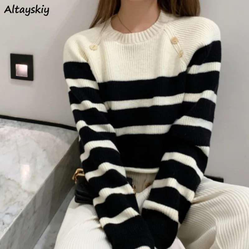 

Striped Pullovers for Women Knitted Korean Style Warm College Young Girls Casual Fashion Niche Button Spring Autumn O-neck Ins