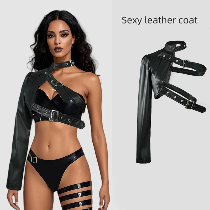 Women Punk PU Leather Jacket Irregular Black Irregular Unilateral Irregular Unilateral Buckle Jacket High Street Motorcycle Coat