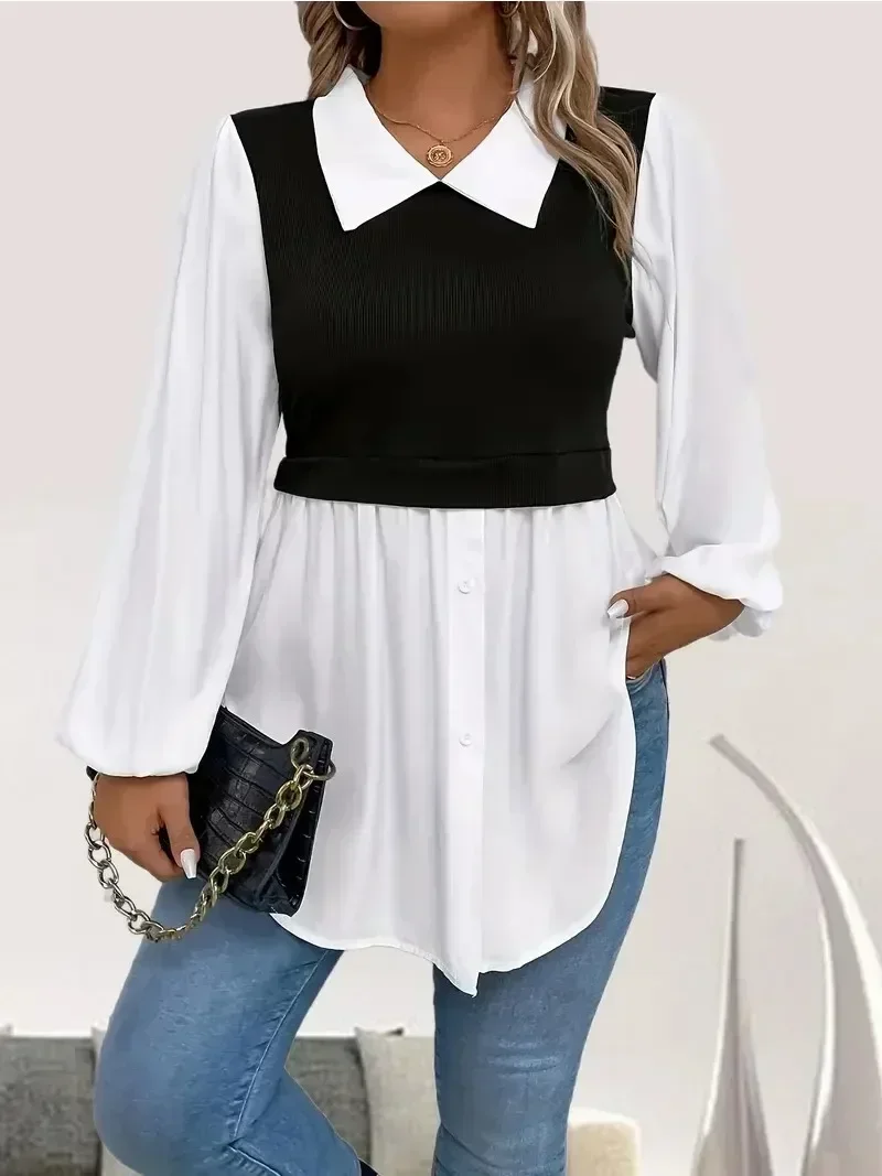 Women\'s Plus Size 1XL-5XL Colorblock Polo Collar Blouse Casual Button Loose Casual Top Shirts Long Sleeve Blouse