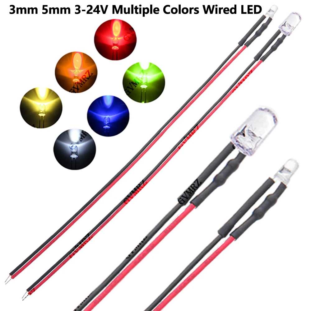 10PCS 3mm 5mm DC 12V 24V Wired LED Indicator Light 3–6V Multiple Colors for PCB DIY Electronics 12V  24V Yellow/Blue/Green/Red