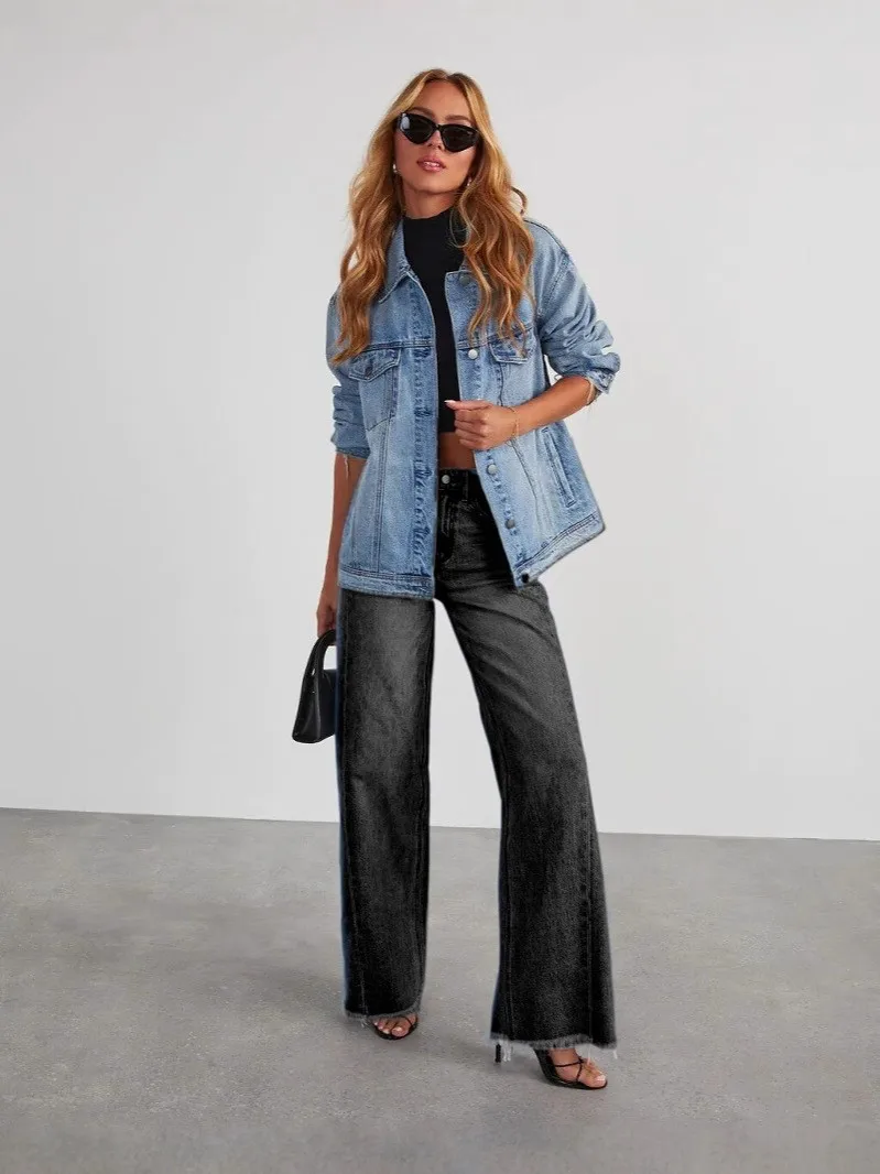 

Spring Women's Clothing Baggy Ripped Side Seam Denim Jeans For Woman Oversize Wide Leg Distressed Hem Cotton Blend Fabric