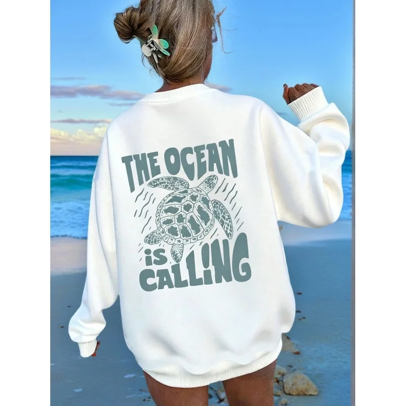 Women The Ocean Is Calling Sea Turtle Graphic Crewneck Sweatshirt Back Print Casual Pullover