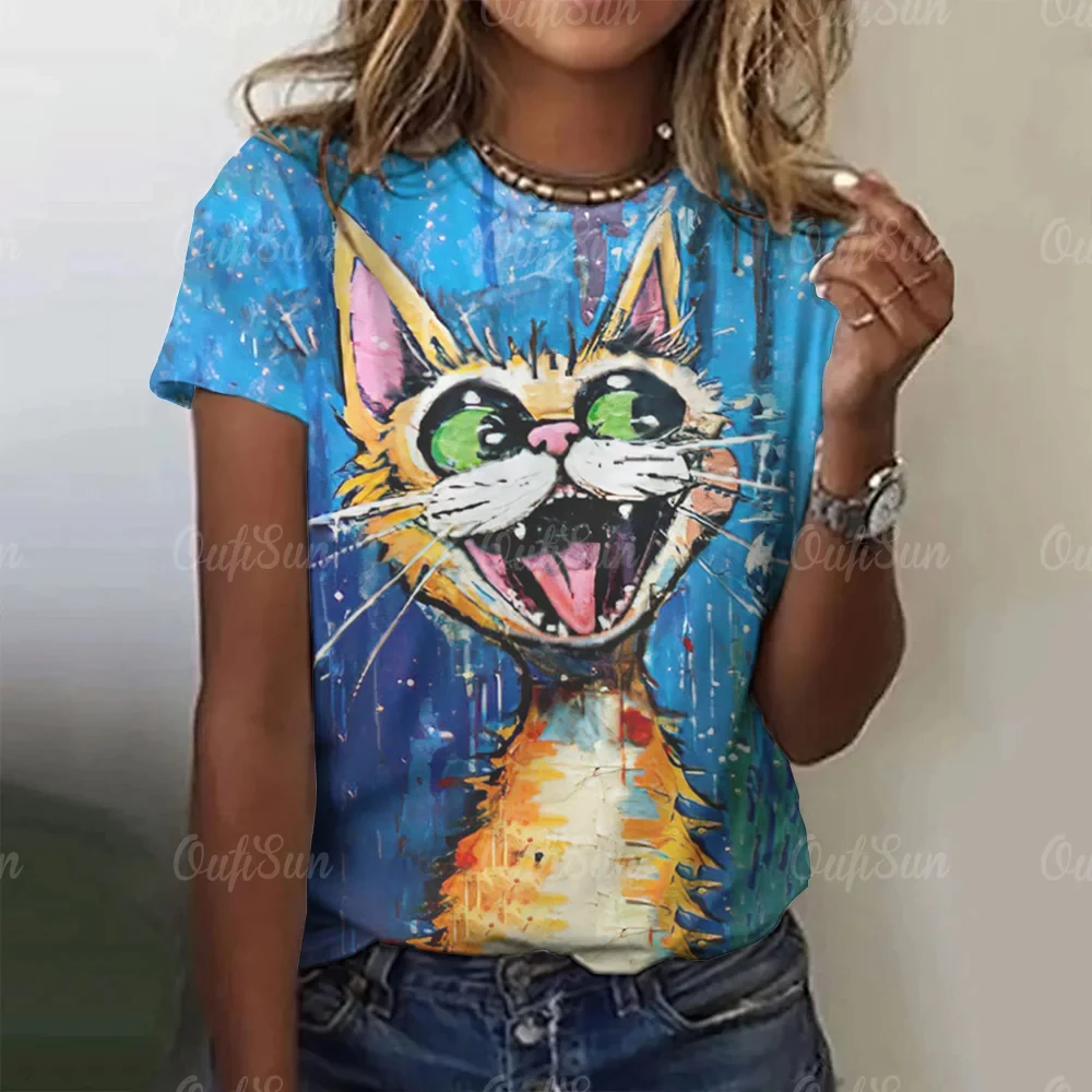 Summer Women 3D Cute Cartoon Cat Print T-Shirt Fashion Trend Tops Tees Ladies Casual Stylish Short Sleeve Clothing Streetwear