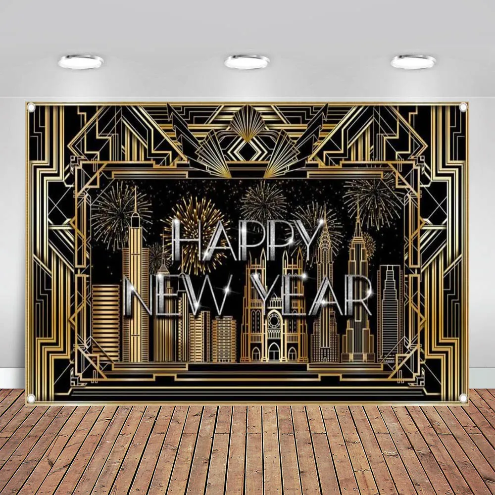 Happy New Year Gatsby Backdrop Retro Roaring 20's 20s Photography Background Black and Gold Party Decorations Photo Banner