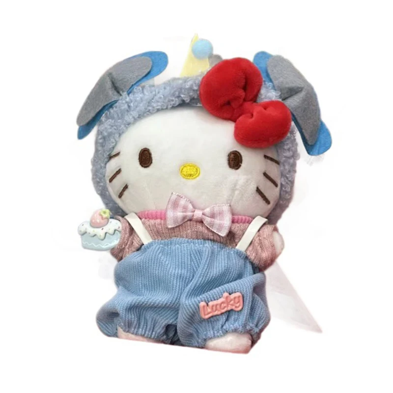 Sanrios Hellokittys Costume Plush Toy Keychain with Bow Cute Kt Cat Blue Jeans Style Character Design Backpack Décor Ideal Gifts