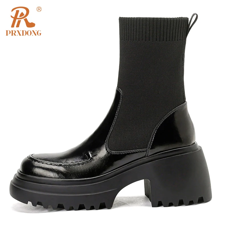 PRXDONG New 2023 Retro scarpe in vera pelle stivaletti donna tacchi alti grossi punta tonda nero marrone Casual calzino stivali 34-39