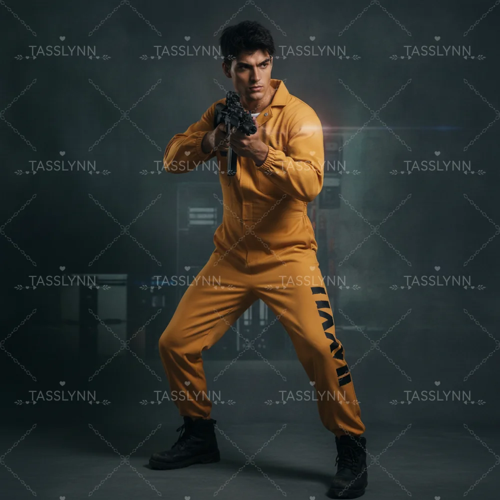 Tidal Prison Inmate Cosplay Yellow Jumpsuit, Lapel Zip Up One Piece Long Sleeve Cuffed Jumpsuit Prisoner Uniform for Theme Party view 3