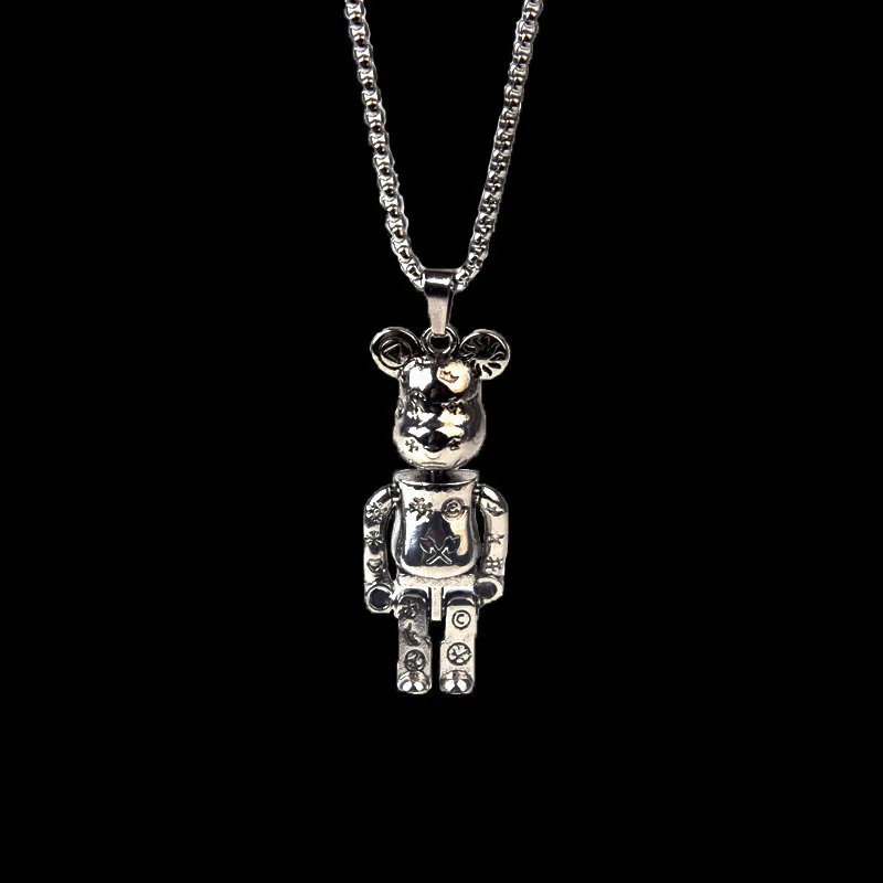 

New tide brand violence pattern building blocks bear necklace ins hip hop simple pendant 100 match men and women long style