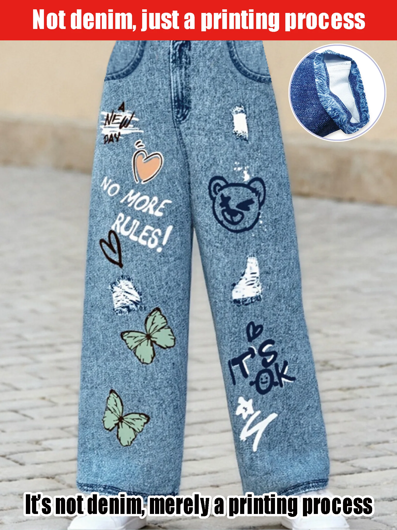 

2025 Hot Sale - Fashion Graffiti Print Butterfly, Love and Cartoon Street Style Trousers Girls Wide Leg Imitation Jeans