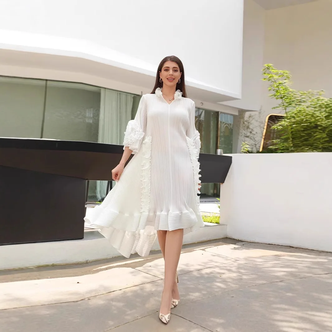 여성 우아한 드레스 솔리드 컬러 v 넥 긴 소매 패치 워크 디자인 루즈 피트 플러스 사이즈 세련된 캐주얼 이브닝 가운