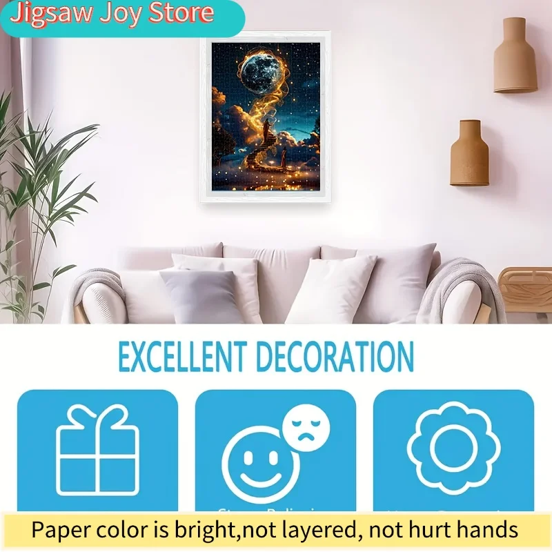จิ๊กซอว์สำหรับผู้ใหญ่ 1000 ชิ้น - ขนาด 19.69x27.56 นิ้ว ฉากการลงจอดบนดวงจันทร์และจักรวาลเต็มไปด้วยดวงดาว พร้อมแสงสีทอง ติดผนังได้ สำหรับสปา