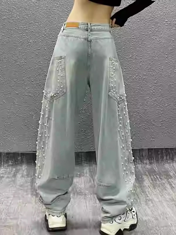 

High Waist Straight Leg Denim Jeans Women's Spring New Sle Side ket Design Beaded Knife Pants Slimming Banana Pants