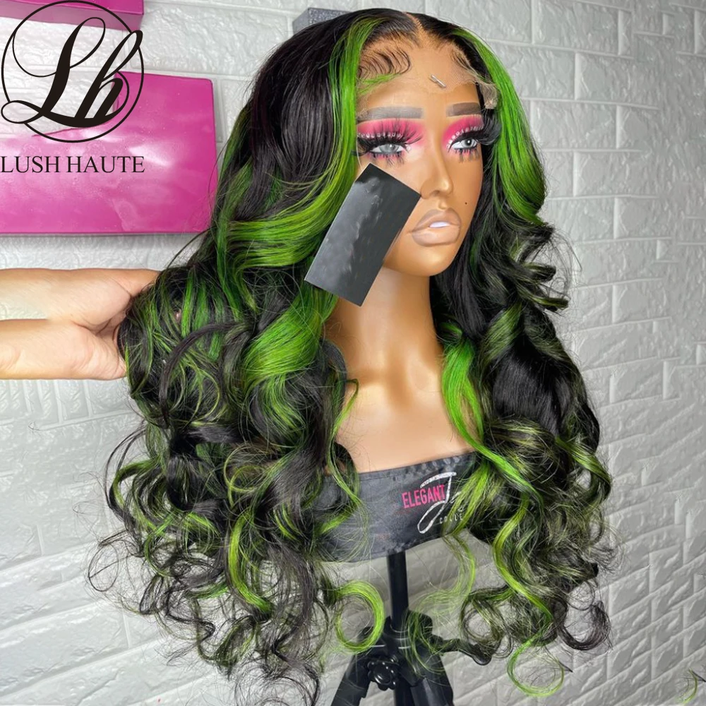 

Highlights Black with Green Streak Colorfull Lace Front Wigs Long Wavy Skunk Stripe Glueless Synthetic Hair Heat Resistant Fiber