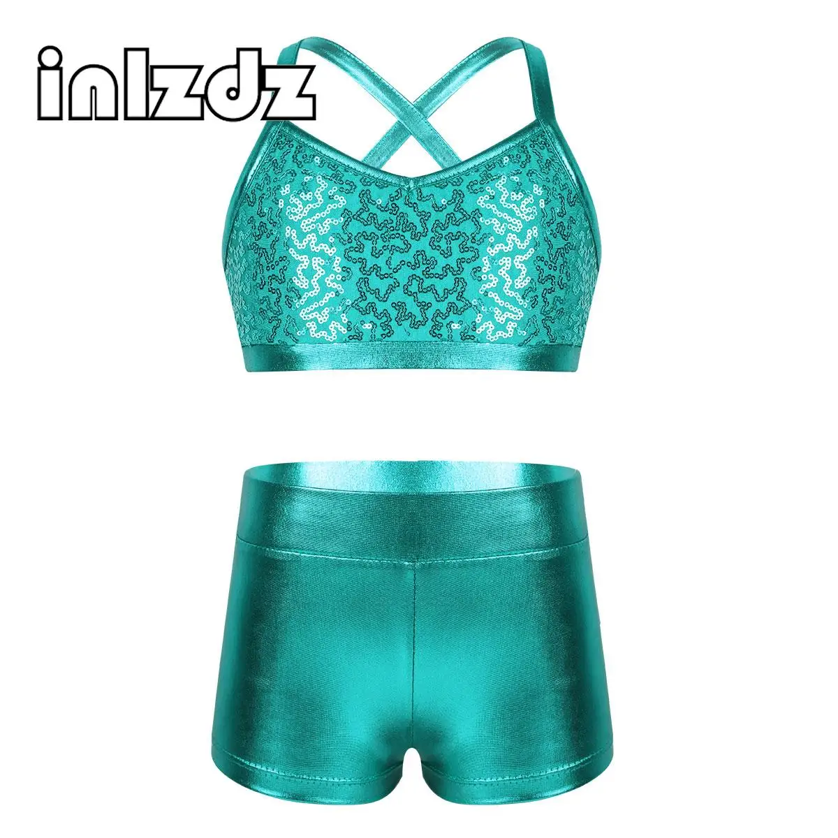 Kinderen Meisjes 2 Stuks Pailletten Balletdans Set Turnen Turnpakje Kleding Bh Tops + Korte Broek Sport Training Tankini Outfit Danskleding