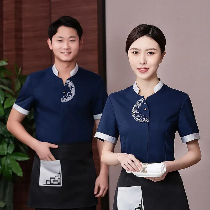 Salopette de serveur d'été pour maison de thé, cuisine, restauration, uniforme de serveur de Restaurant chinois pour hommes, vêtements de travail pour Service alimentaire