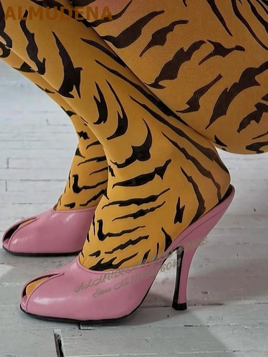 ALMUDENA الوردي ماتي جلدية عالية الكعب البغال الخناجر فم السمكة المفتوحة تو الحديثة Slippeprs خارج الانزلاق على فستان الأحذية #3