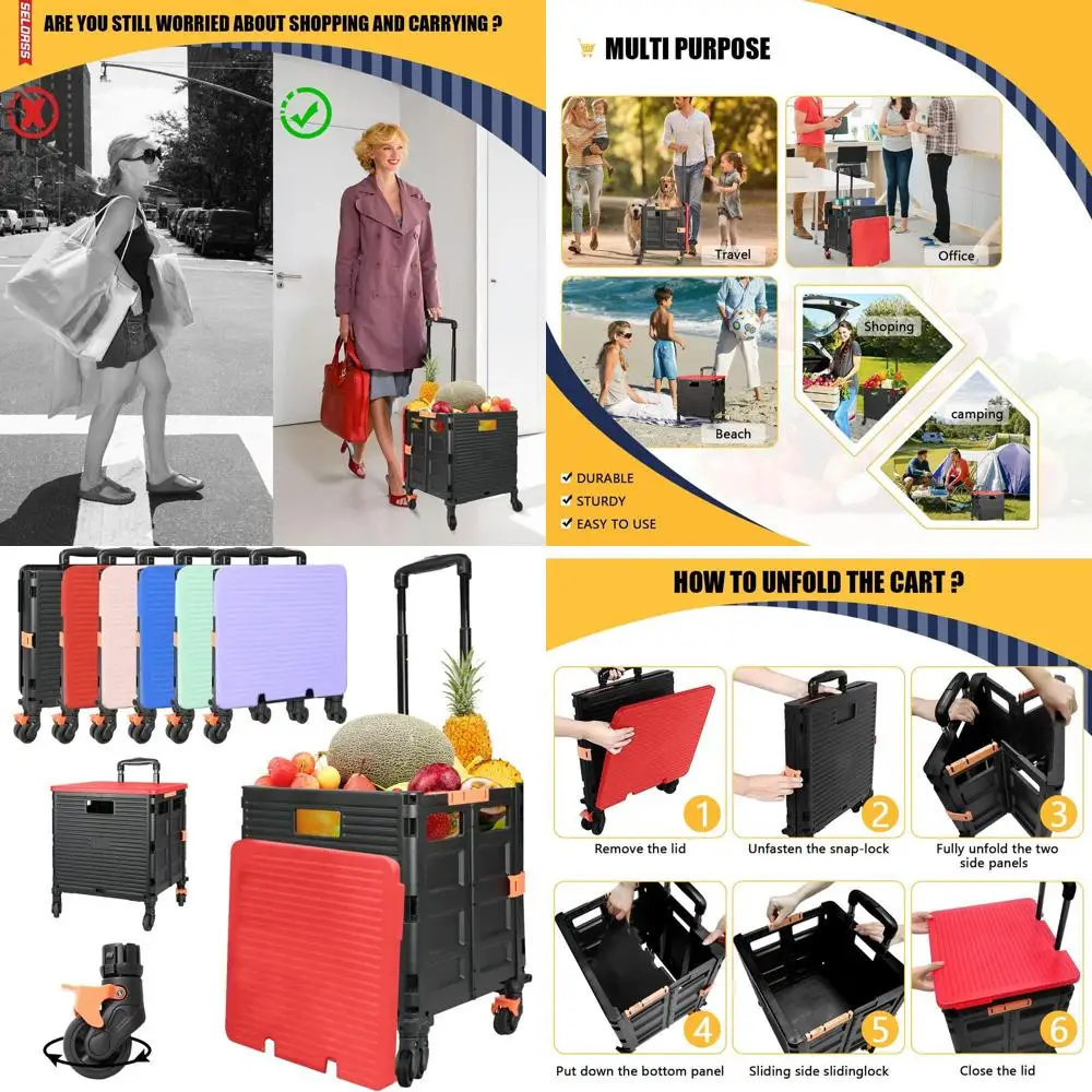 

Складная универсальная тележка большой емкости 110 фунтов на 360 градусов ° Бесшумные колеса и выдвижная ручка для продуктов, офиса и школы (Re