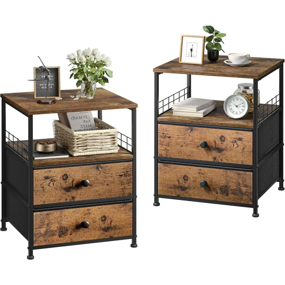 

Nightstand Set of 2, Bedside Table with Fabric Drawers and Open Wood Shelf Storage Night Stand for Bedroom, Living Room, Dorm