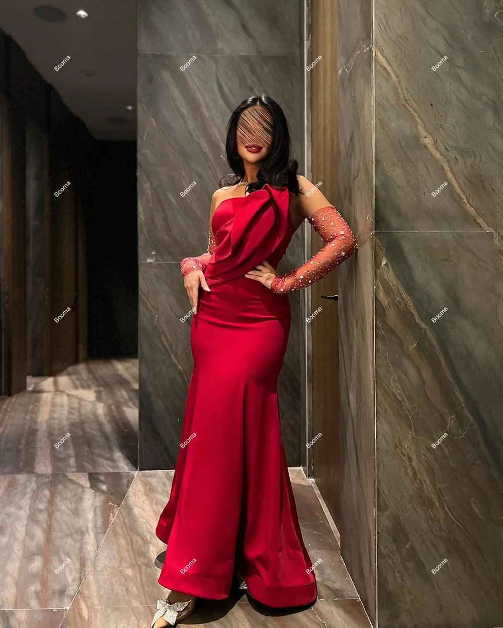 Booma Red Mermaid Evening Dresses Pleated Strapless Formal Occasion Gowns Saudi Arabic Long Party Prom Dresses for Women