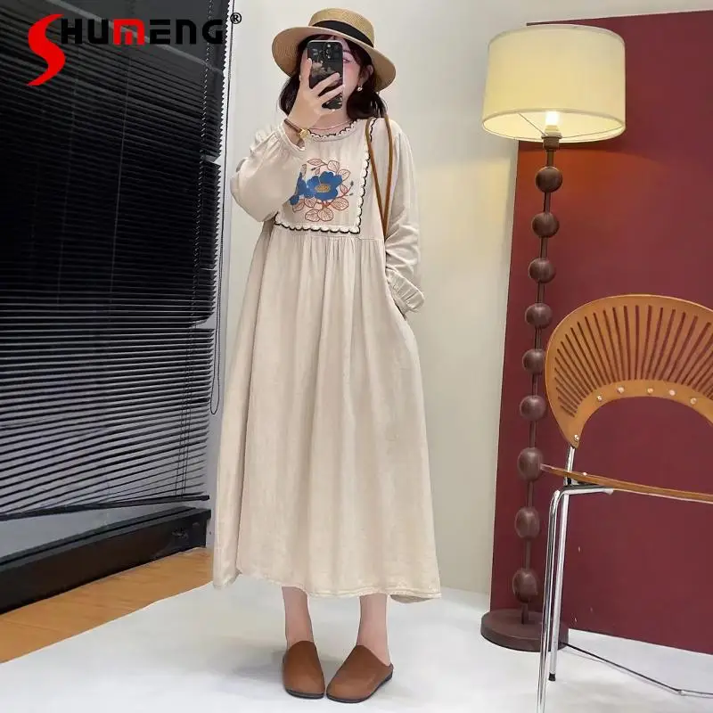 Japanese Retro Literary Artistic Sweet Embroidery Round Neck Solid Color Dress Casual Loose Long Sleeve Maxi Dress Women Autumn