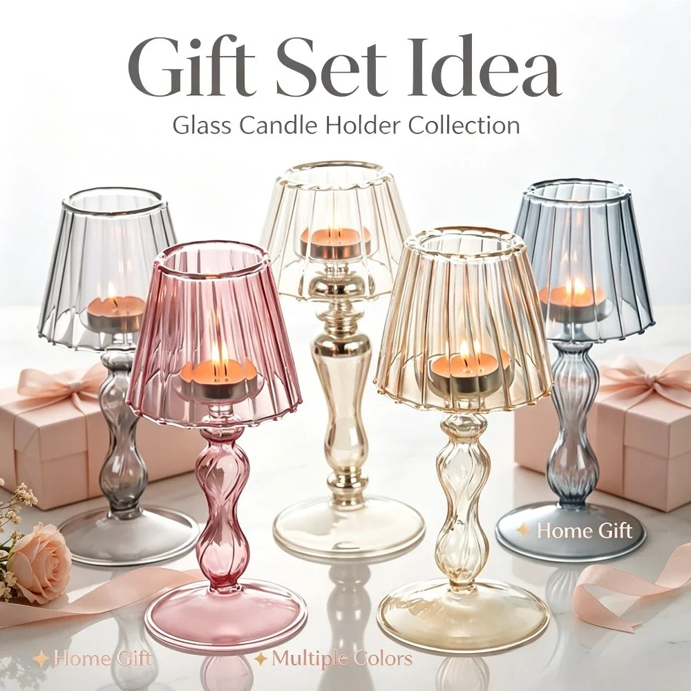 Lampshade Shape Glass Candle Holder Vintage Table Candlestick Home Dining Room Wedding Desktop Decor Ornament