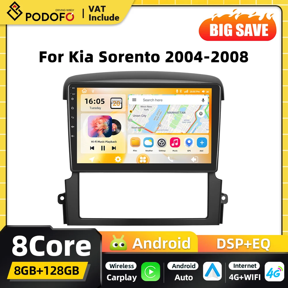 Podofo Qualcomm Snapdragon 8-Core 2DIN Lettore Multimediale Android per Auto per Kia Sorento 2004 2005-2008 Carplay GPS 4G WIFI FM RDS