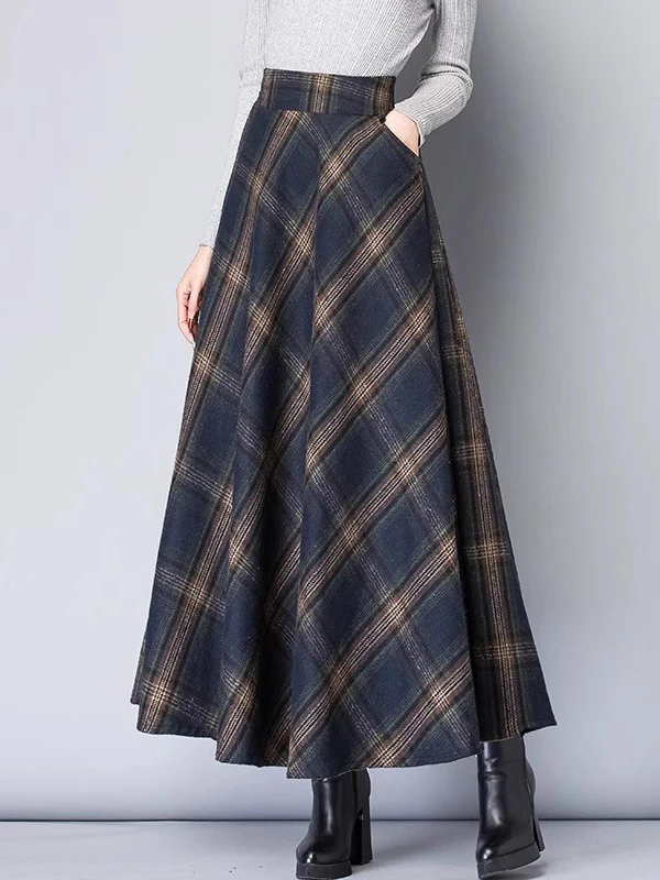 Ladies High Waist A-Line Midi Skirt Spring Autumn Winter Wool Blend Pleated  Skirt Korean Style Commute Fashion