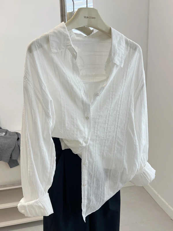 

Chic White Long Sve Loose Women's irt Korean Sle Vertical Texture Sun Protection Top Faionable Autumn New Arrival