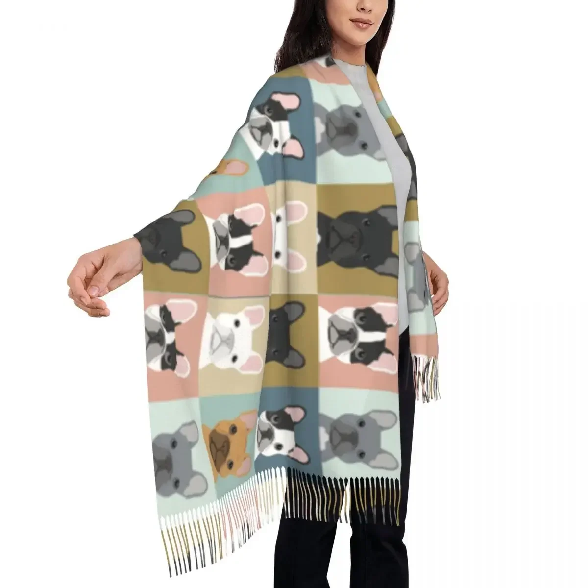 French Bulldog Portraits Pattern Tassel Scarf Women Soft Frenchie Dog Lover Shawl Wrap Female Winter Scarves