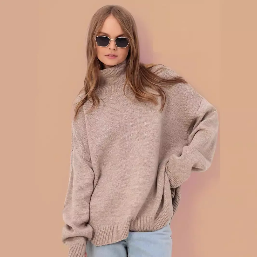 Women's Sweater Autumn Korean Fashion High Neck Knitted Jumper Solid Colour Loose Long-sleeved Knit Sweater Female Clothing