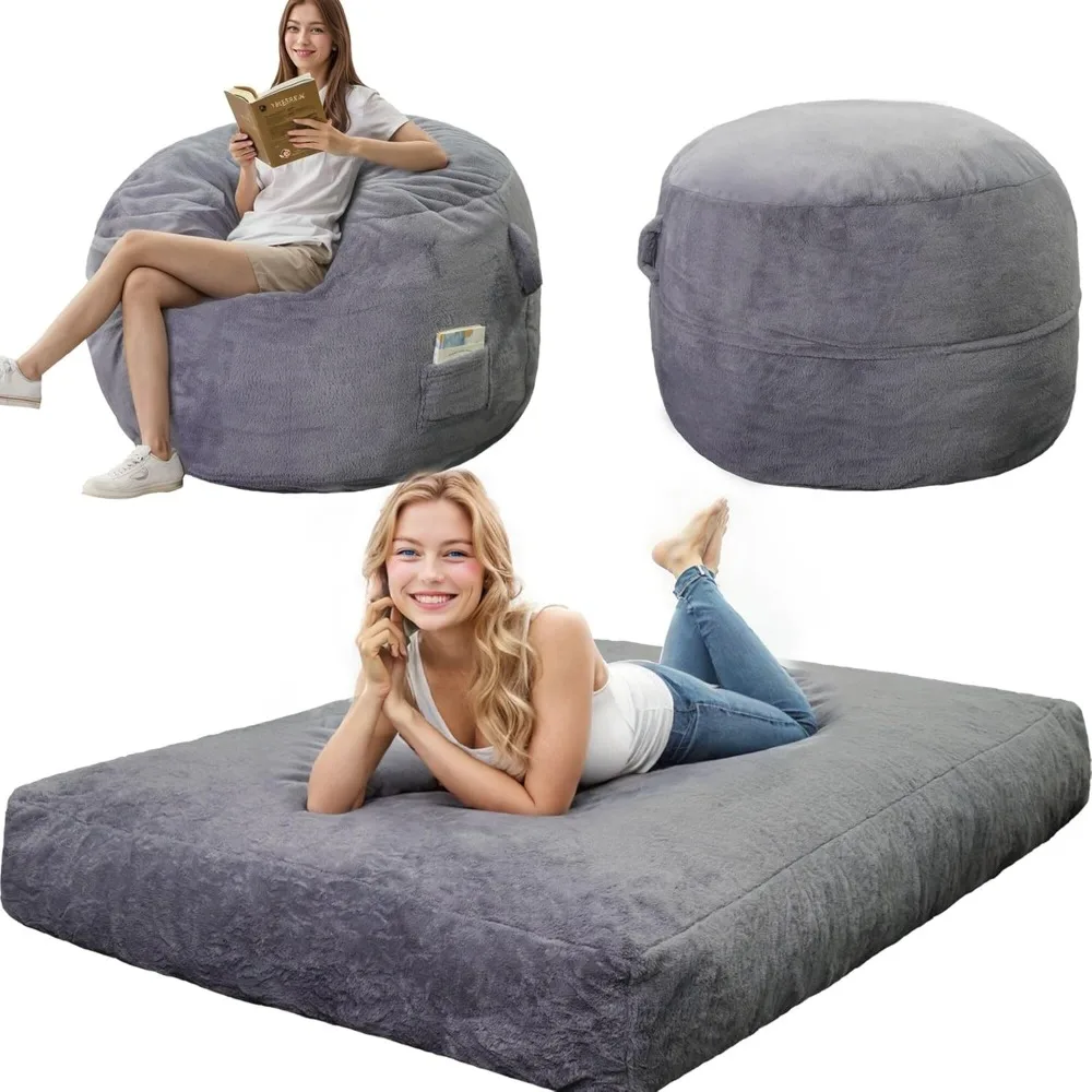 

Giant Bean Bag Chair for Adults, Faux Fur Bean Bag Chair with Mattress Bed Use, Convertible Bean Bag Sofa Bed with Filler Includ