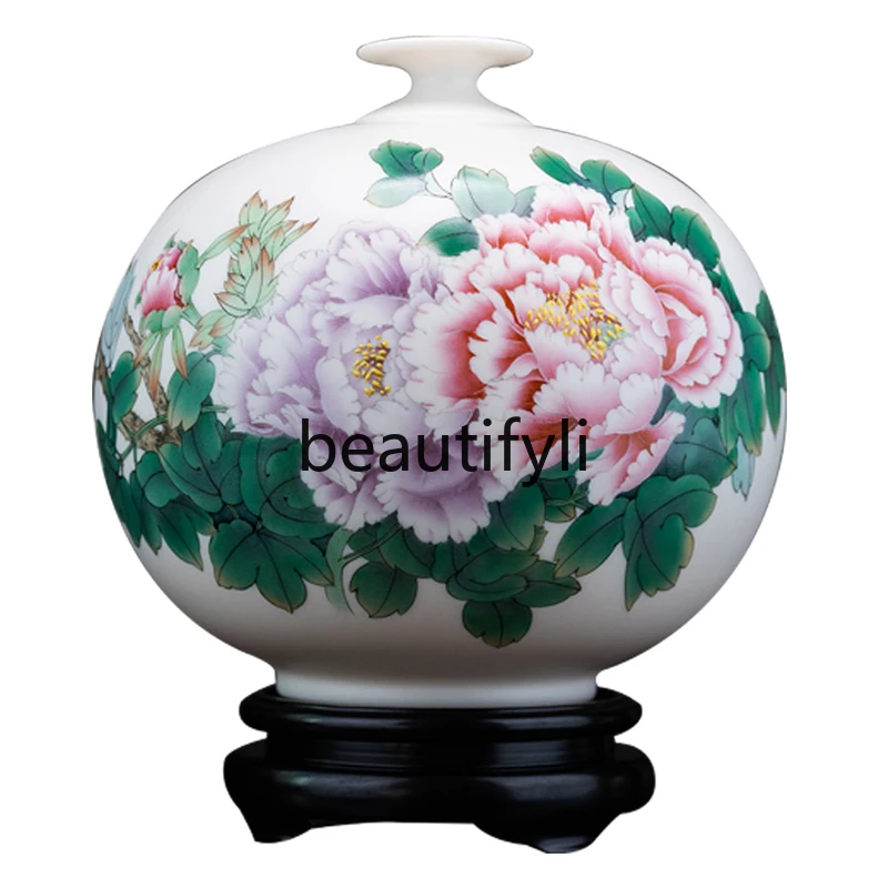 

Rich Tianxiang suet jade ceramic hand-painted peony vase, Chinese high-end home decoration ornament gifts