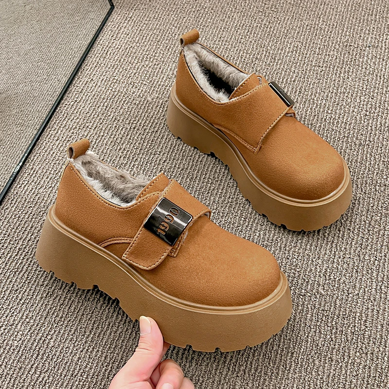 

Новинка зимы 2024, бархатные универсальные туфли Le Fu на толстой подошве, туфли на одной платформе, женская обувь с мягкой подошвой и круглой головкой