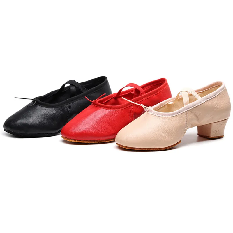 Women Quality Leather Ballet Dance Shoes Girls Genuine Leather Mid-heel Training Shoes Jazz Dance Shoes Belly Yoga Teacher Shoes