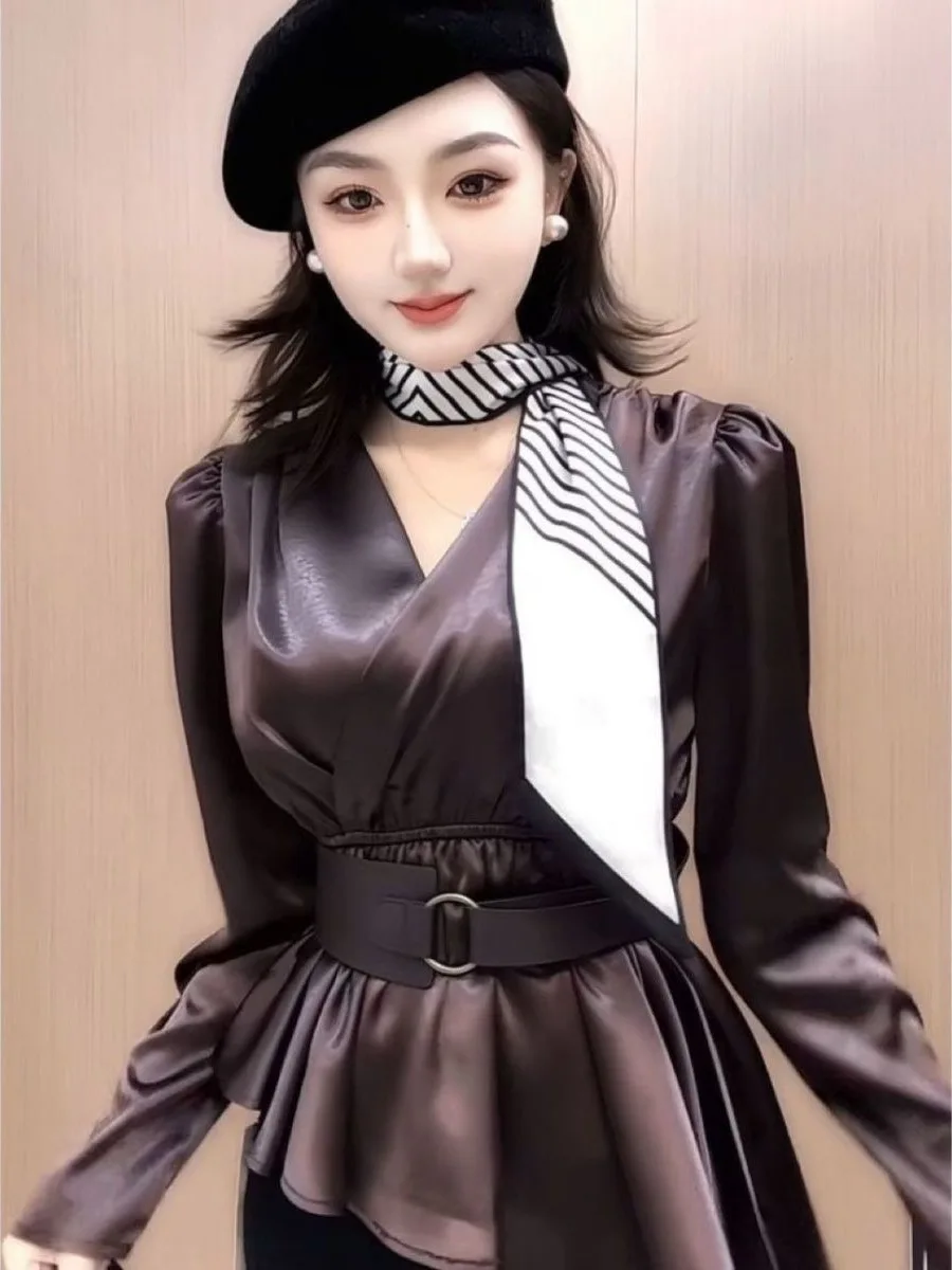 

Elegant Long Sleeve Silk Feel Shirt Women's Fashion Autumn Season Asymmetrical Belt Design High-End Feel Top Trendy Style