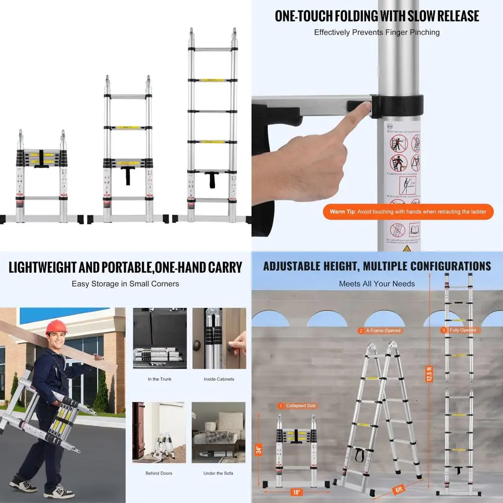 

Алюминиевая удлинительная лестница А-образной формы, легкая складная, 12,5 футов, с многокнопочным втягиванием, грузоподъемностью 375 фунтов, телескопическая лестница