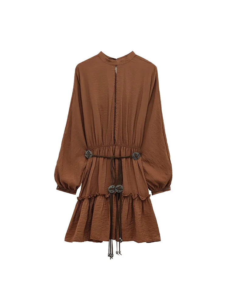 

Women Summer Mini Dress 2025 Fashion Vintage Solid O-Neck Sashes Bow Elastic waist Female Elegant Street Dresses Clothing